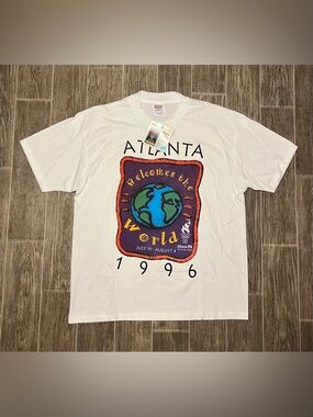 VTG 1996 Atlanta Olympic Games Welcomes the World White Graphic T-Shirt XL NWT